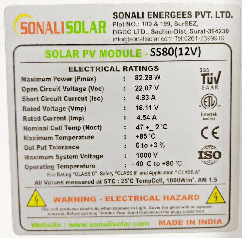 Sonali 80W Solar Panel Sun Electronics